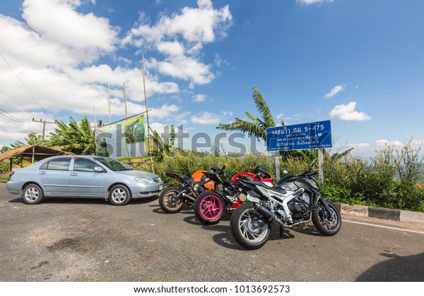 CHIANGRAI-THAILAND,03 December 2017:Motorcycle\
Big Bike and car. It is popular to drive by tourists during the\
winter at\
mountain.