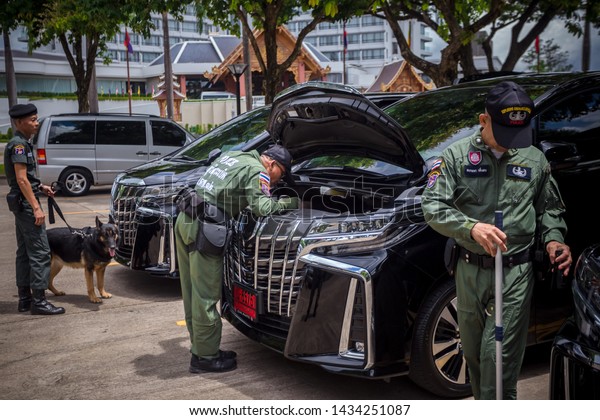 Chiangrai,Thailand-June 12 2019:Explosive Ordnance\
Disposal Checking\
car.