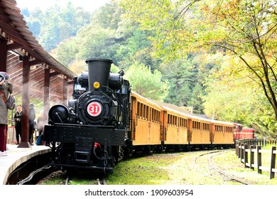 Chiayi, Taiwan-12／15／2020: The No. 31 Steam Train Pulls Cypress Cars To Park On The Curved Platform.