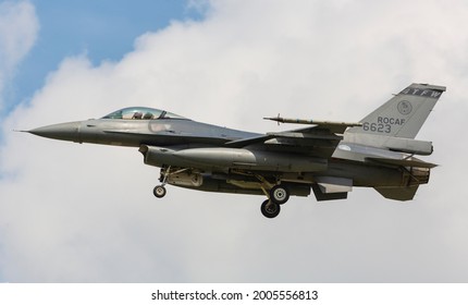 Chiayi Taiwan 10th July 2021 A R.O.C. Air Force 4th Tactical Fighter Wing F-16V jet, carried a ACTIS pod at left wing, was ready for landing. The pod was built up for air to air combat training.
