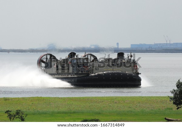 Chiba, Japan - August 31, 2008:United States\
Navy LCAC (Landing Craft Air Cushion) air-cushion vehicle conduct\
an amphibious landing\
exercise.