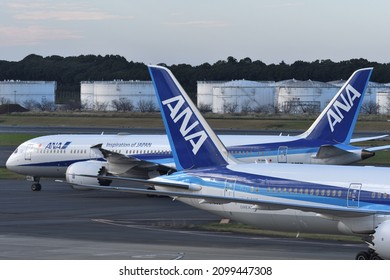 Chiba, Japan - October 29, 2021:All Nippon Airways (ANA) Passenger Planes.