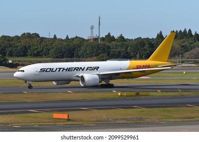 Chiba, Japan - October 29, 2021:DHL Boeing B777F (N774SA) freighter.
