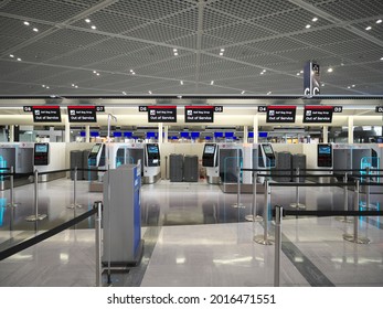 Chiba,Japan - July 11, 2021: Closed Narita International Airport Terminal 1 bag drop counter
