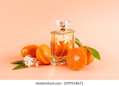 A chic bottle with a crystal cap with eau de parfum or perfume stands among ripe tangerines. feminine and masculine essence. Product Presentation.