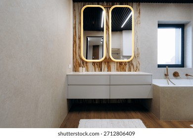Chic dressing area featuring textured rug and spalike ambiance