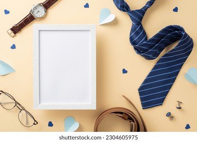 Chic Father's Day layout. Flat lay top view of photo frame, necktie, hearts, watch, accessories, belt, glasses on beige backdrop with an empty space for ad or text - Powered by Shutterstock