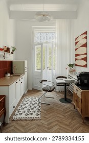 A chic, minimalist kitchen with a warm, inviting atmosphere, featuring sleek appliances, wooden floors, an open door, and bright natural light