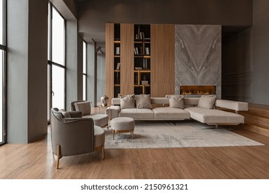 chic modern design of a dark expensive interior of a luxurious country house with huge panoramic windows and a magnificent view of the divine forest - Shutterstock ID 2150961321