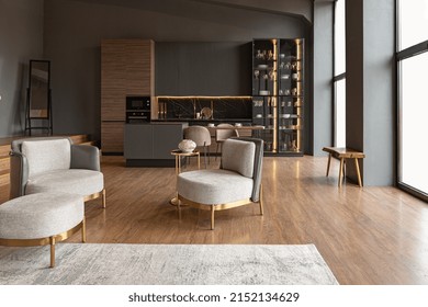 Chic Modern Design Of A Dark Expensive Interior Of A Luxurious Country House With Huge Panoramic Windows And A Magnificent View Of The Divine Forest