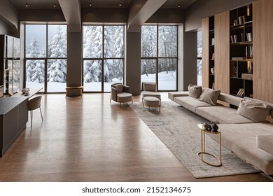 chic modern design of a dark expensive interior of a luxurious country house with huge panoramic windows and a magnificent view of the divine forest