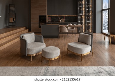 Chic Modern Design Of A Dark Expensive Interior Of A Luxurious Country House With Huge Panoramic Windows And A Magnificent View Of The Divine Forest