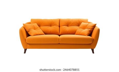 Chic modern sofa with button tufts and angular wooden legs isolated