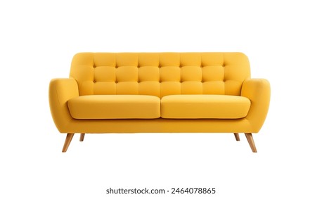 Chic modern sofa with button tufts and angular wooden legs isolated