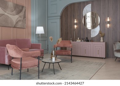 Chic Modern Trendy Apartment 
Interior Design. Trendy Green And Powdery Pink Walls. Stylish Lighting And Huge Panoramic Windows