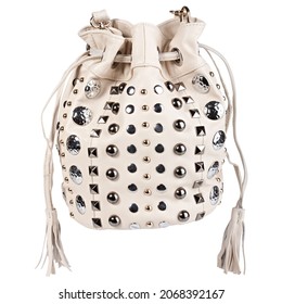 Chic And Stylish White Leather Handbag Or Purse For Ladies. Soft Leather With Shiny Studs And Rivets. Long Adjustable Shoulder Strap With Buckle, Tassel, And Drawstring Closure Shoulder Bag. Closeup.