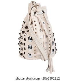 Chic And Stylish White Leather Handbag Or Purse For Ladies. Soft Leather With Shiny Studs And Rivets. Long Adjustable Shoulder Strap With Buckle, Tassel, And Drawstring Closure Shoulder Bag. Side.