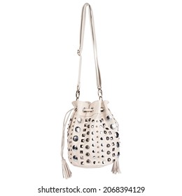 Chic And Stylish White Leather Handbag Or Purse For Ladies. Soft Leather With Shiny Studs And Rivets. Long Adjustable Shoulder Strap With Buckle, Tassel, And Drawstring Closure Shoulder Bag. Front.