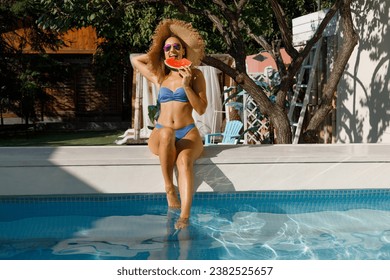 Chic Swimwear Beauty: Poolside Watermelon Delight - Powered by Shutterstock