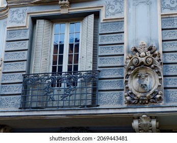 Chic Vintage Balcony With Elegant Details In The Centre Of Madrid, Spain. Spanish Classical Architecture Downtown In Chueca District.