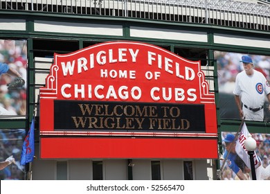 CHICAGO - APRIL 26: A colorful new look for classic Wrigley Field highlights the famous welcome sign on April 26, 2010 in Chicago, Illinois.