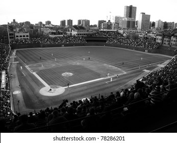 CHICAGO - APRIL 26: Historic Wrigley Field during a game pitting the Cubs against the Washington Nationals on April 26, 2010 in Chicago, Illinois. In black and white.