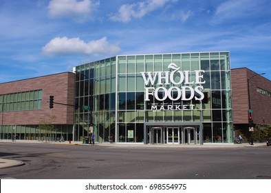 CHICAGO - August 2017: Whole Foods store facade in August 2017 in Chicago. Whole Foods opened its largest Chicago store on March 22 2017 in the Lakeview neighborhood, replacing its former location.
