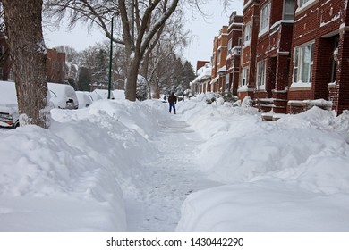 Chicago Blizzard 2011, Piles Of Snow On Sidewalks And Streets