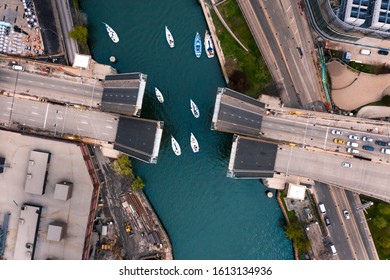 Chicago Bridge Lift Aerial View Top Down