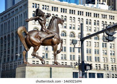CHICAGO CIRCA JUNE 2019. The Bowman and The Spearman or Equestrian Indians are bronze statues representing the cultural history of Native Americans in the United States.