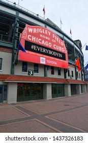 CHICAGO CIRCA JUNE 2019. Wrigley Field baseball stadium in Wrigleyville Chicago is a famous landmark in the city drawing both tourists and enthusiastic fans to watch games
