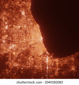 Chicago City Lights Map, Top View From Space. Aerial View On Night Street Lights. Global Networking, Cyberspace. High Resolution