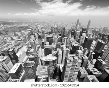 Chicago. City Skyline With Lake Michigan. Fish Eye Lens View. Black And White Vintage Style.