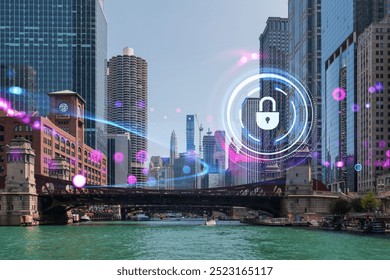 Chicago cityscape with a digital lock and data flow overlay, skyscrapers in background, concept of cybersecurity and digital protection