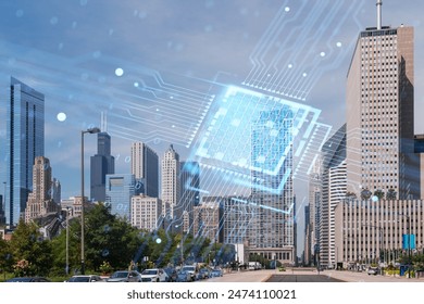 Chicago cityscape with futuristic hologram overlay, showcasing technology and security concepts against an urban background. Double exposure - Powered by Shutterstock - Get 15% off with code: PIKWIZARD15