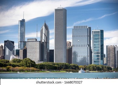 Chicago cityscape looking out from the Adler Planetarium across Lake Michigan in Illinois USA - Shutterstock ID 1668070327