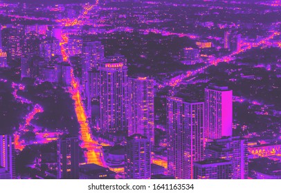 Chicago Cityscape And Streets At Night Aerial View Synth Wave Style