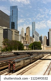 Chicago Cityscape  With A Trains On The Station In Downtown , USA