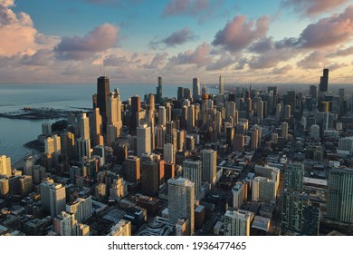 Chicago downtown aerial panorama view at sunset with skyscrapers and city skyline at Michigan lakefront with colorful cloud.