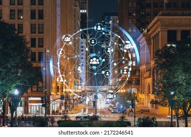 Chicago downtown area city view, Millennium Park area, night time, Illinois, USA. Skyscrapers, financial district. Social media hologram. Concept of networking and establishing new people connections