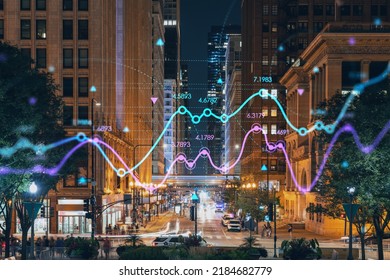 Chicago downtown area city view, Millennium Park area, night time, Illinois, USA. Skyscrapers. Forex graph hologram. The concept of internet trading, brokerage and fundamental analysis