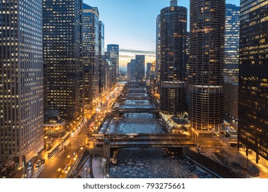 Chicago downtown buildings and river in winter