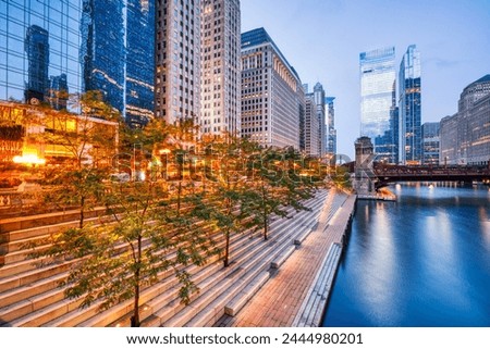 Chicago Downtown Cityscape with Chicago River at Dusk, Illinois 