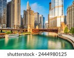 Chicago Downtown Cityscape with Chicago River at Sunrise, Illinois 