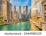 Chicago Downtown Cityscape with Chicago River at Sunrise, Illinois 