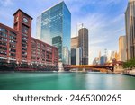 Chicago Downtown Cityscape with Chicago River at Sunset, Illinois 