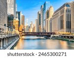 Chicago Downtown Cityscape with Chicago River at Sunset, Illinois 