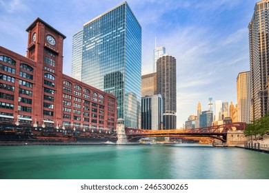 Chicago Downtown Cityscape with Chicago River at Sunset, Illinois  - Powered by Shutterstock