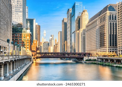 Chicago Downtown Cityscape with Chicago River at Sunset, Illinois  - Powered by Shutterstock