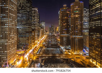 Chicago Downtown Night Skyline River Buildings